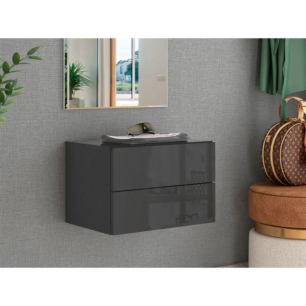 Фото 4 Тумба прикроватная Leolana Сатурн 42x27.9x30 см 2 ящика ЛДСП цвет графит глянец