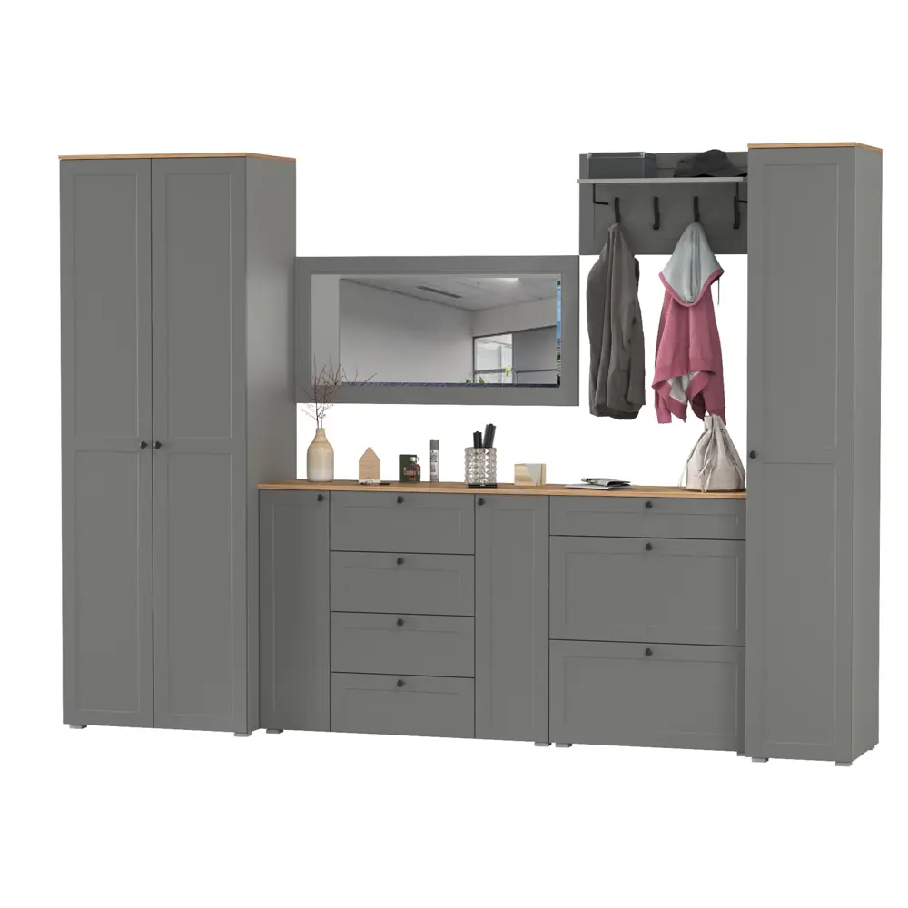 Фото 4 Комплект мебели для прихожей Mobi Остин пр-61-гз 320x230x54 см ЛДСП цвет серый графит/дуб крафт золотой Фото 4 Комплект мебели для прихожей Mobi Остин пр-61-гз 320x230x54 см ЛДСП цвет серый графит/дуб крафт золотой