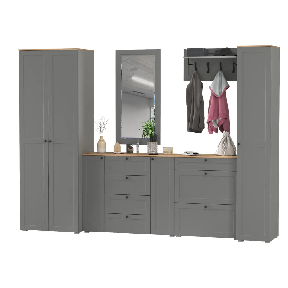 Фото Комплект мебели для прихожей Mobi Остин пр-61-гз 320x230x54 см ЛДСП цвет серый графит/дуб крафт золотой Фото Комплект мебели для прихожей Mobi Остин пр-61-гз 320x230x54 см ЛДСП цвет серый графит/дуб крафт золотой