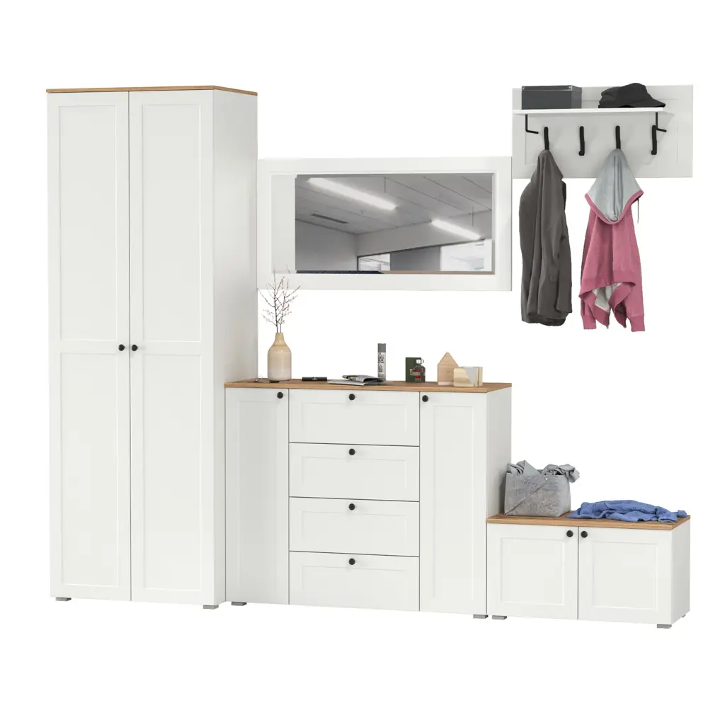 Фото 3 Комплект мебели для прихожей Mobi Остин пр-53-бз 280x230x54 см ЛДСП цвет белый шагрень/дуб крафт золотой Фото 3 Комплект мебели для прихожей Mobi Остин пр-53-бз 280x230x54 см ЛДСП цвет белый шагрень/дуб крафт золотой