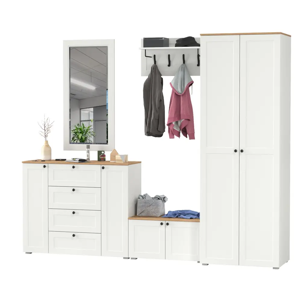 Фото 6 Комплект мебели для прихожей Mobi Остин пр-53-бз 280x230x54 см ЛДСП цвет белый шагрень/дуб крафт золотой Фото 6 Комплект мебели для прихожей Mobi Остин пр-53-бз 280x230x54 см ЛДСП цвет белый шагрень/дуб крафт золотой