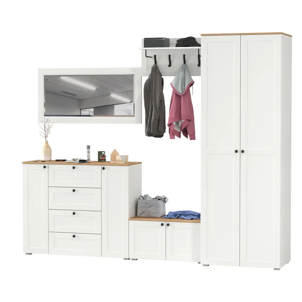 Фото 7 Комплект мебели для прихожей Mobi Остин пр-53-бз 280x230x54 см ЛДСП цвет белый шагрень/дуб крафт золотой Фото 7 Комплект мебели для прихожей Mobi Остин пр-53-бз 280x230x54 см ЛДСП цвет белый шагрень/дуб крафт золотой