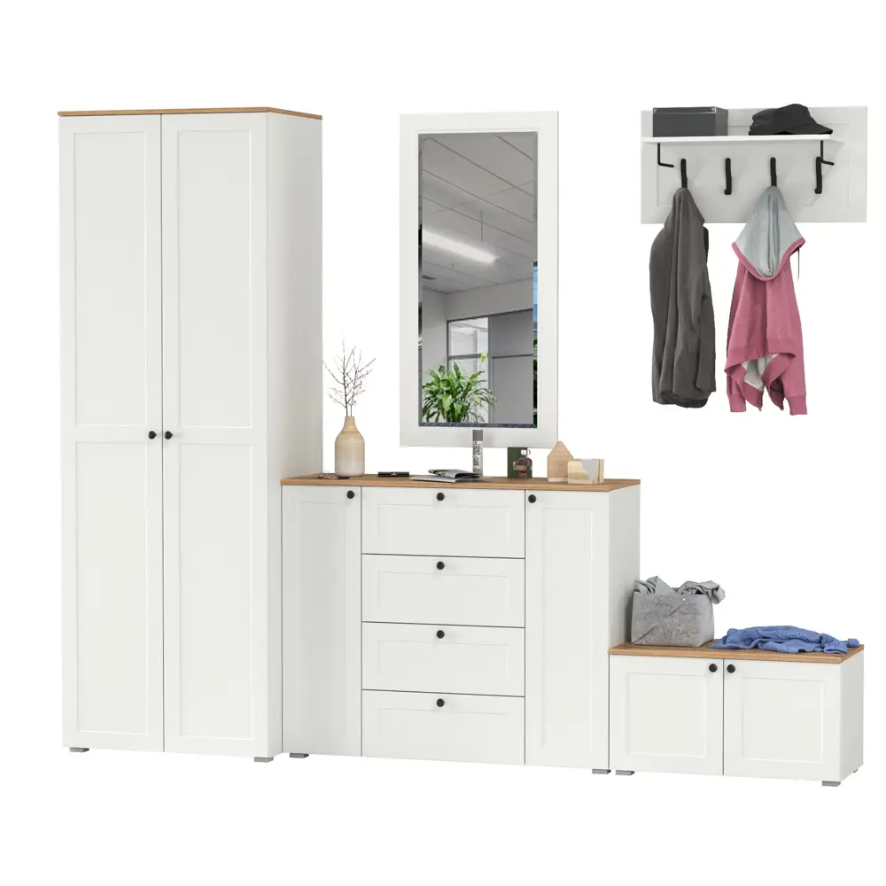 Фото Комплект мебели для прихожей Mobi Остин пр-53-бз 280x230x54 см ЛДСП цвет белый шагрень/дуб крафт золотой Фото Комплект мебели для прихожей Mobi Остин пр-53-бз 280x230x54 см ЛДСП цвет белый шагрень/дуб крафт золотой