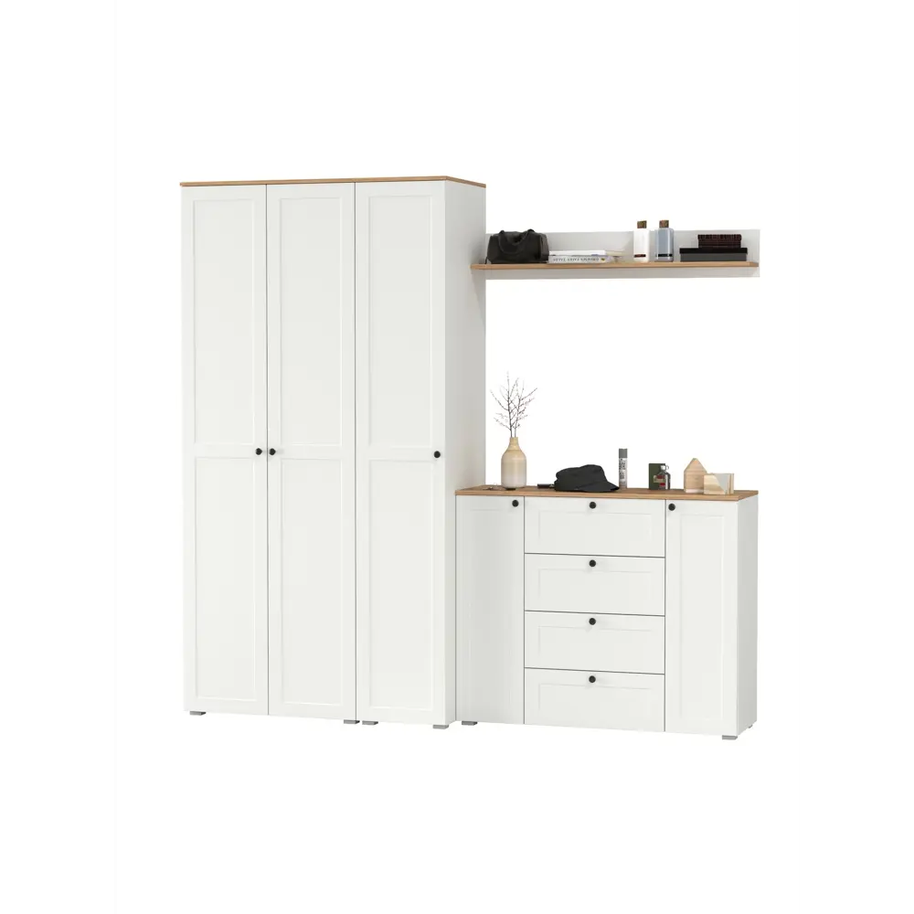 Фото 5 Комплект мебели для прихожей Mobi Остин пр-75 240x230x54 см ЛДСП цвет белый шагрень/дуб крафт золотой Фото 5 Комплект мебели для прихожей Mobi Остин пр-75 240x230x54 см ЛДСП цвет белый шагрень/дуб крафт золотой