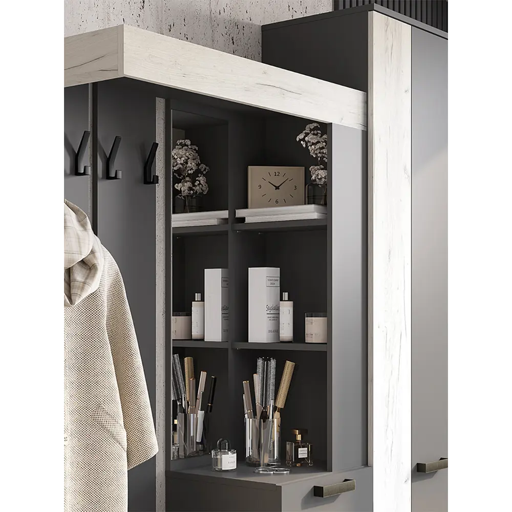 Фото 6 Комплект мебели для прихожей Bts Трамп 150x217.6x37.2 см ЛДСП цвет графит/дуб крафт белый Фото 6 Комплект мебели для прихожей Bts Трамп 150x217.6x37.2 см ЛДСП цвет графит/дуб крафт белый