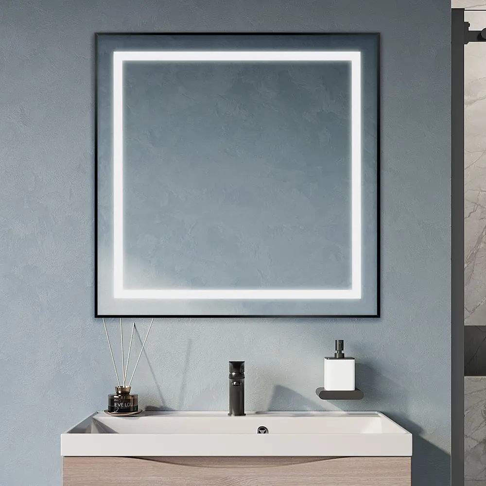 Фото Зеркало для ванной Belbagno Kraft SPC-KRAFT-800-800-SENS-NERO с подсветкой 80x80см