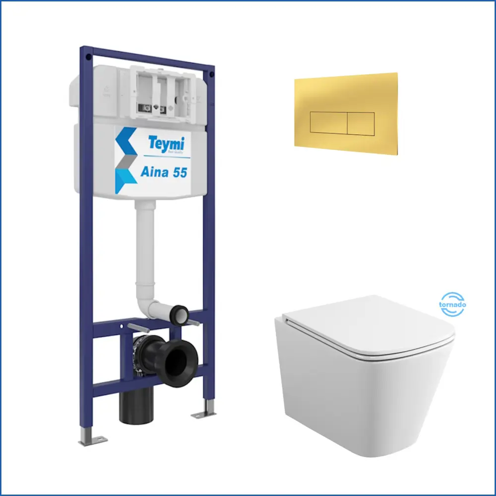 Фото 2 Инсталляция с унитазом комплект 5 в 1 Teymi F16121 унитаз подвесной безободковый торнадо Helmi Vortex кнопка золото Фото 2 Инсталляция с унитазом комплект 5 в 1 Teymi F16121 унитаз подвесной безободковый торнадо Helmi Vortex кнопка золото