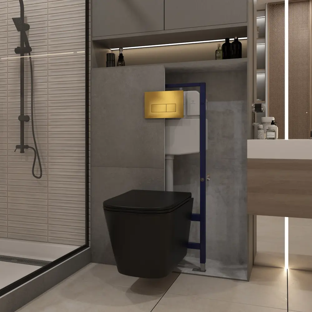 Фото 5 Инсталляция с унитазом комплект 5 в 1 Teymi F16124 унитаз подвесной безободковый черный Helmi Black кнопка золото Фото 5 Инсталляция с унитазом комплект 5 в 1 Teymi F16124 унитаз подвесной безободковый черный Helmi Black кнопка золото