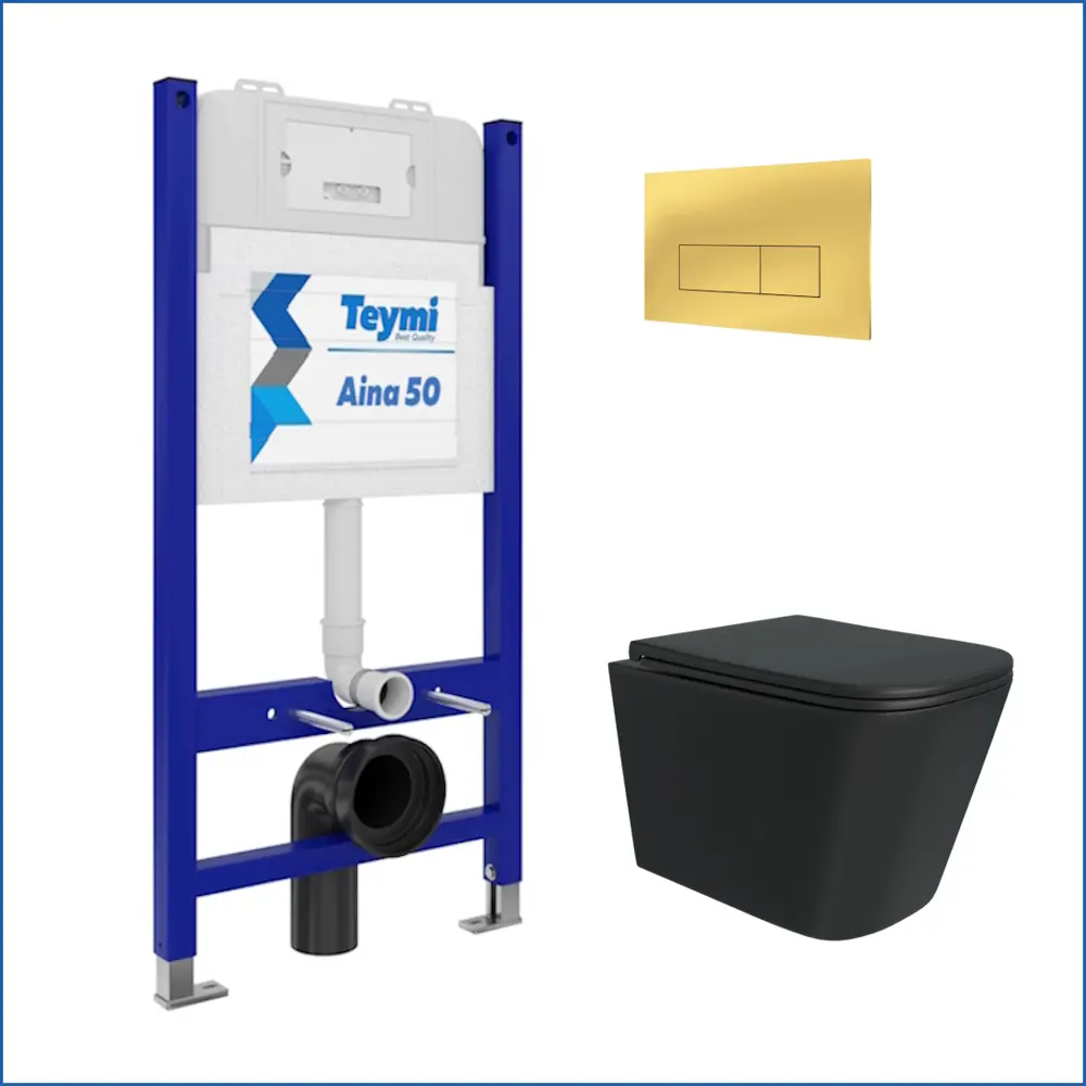 Фото 2 Инсталляция с унитазом комплект 5 в 1 Teymi F16123 унитаз подвесной безободковый черный Helmi Black кнопка золото Фото 2 Инсталляция с унитазом комплект 5 в 1 Teymi F16123 унитаз подвесной безободковый черный Helmi Black кнопка золото