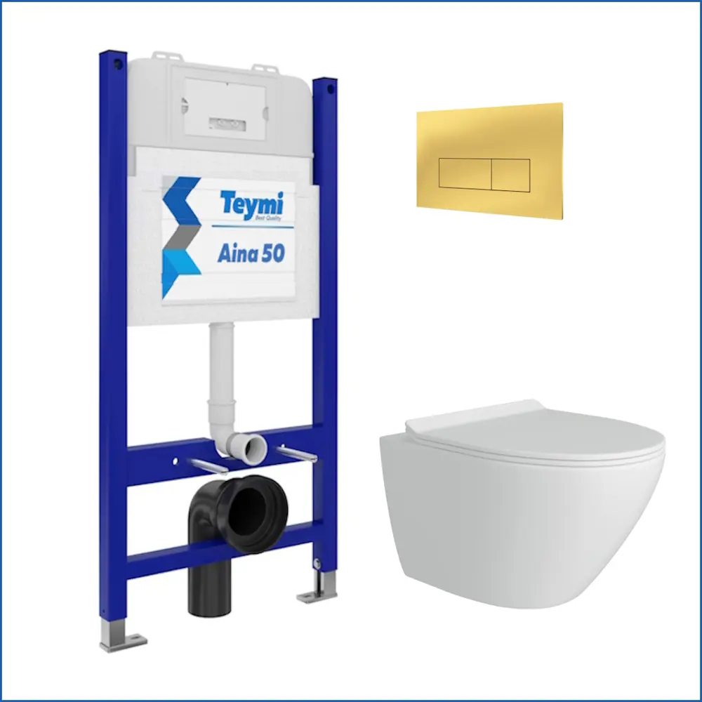 Фото 2 Инсталляция с унитазом комплект 5 в 1 Teymi F16132 унитаз подвесной безободковый Lina Pro кнопка золото Фото 2 Инсталляция с унитазом комплект 5 в 1 Teymi F16132 унитаз подвесной безободковый Lina Pro кнопка золото