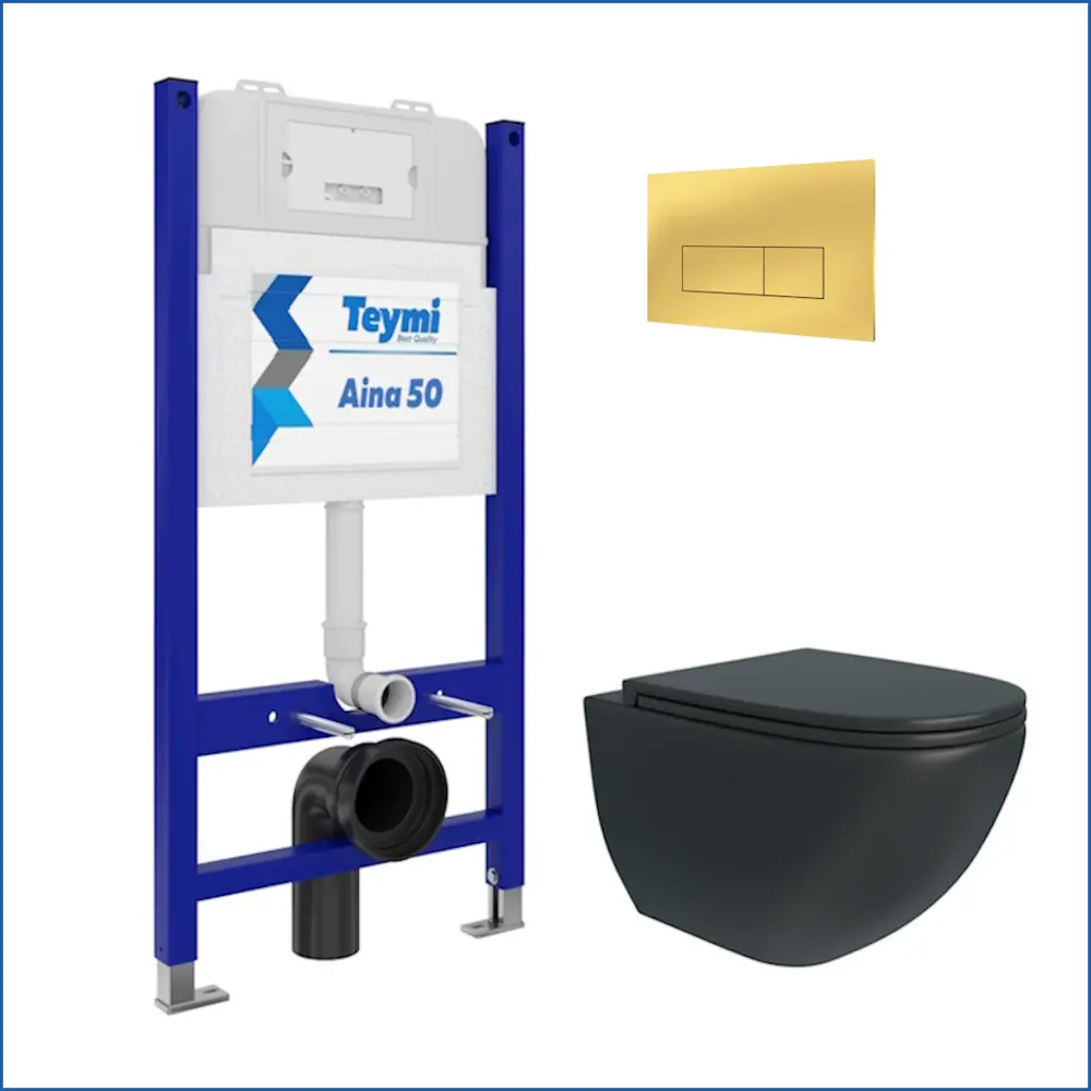 Фото 2 Инсталляция с унитазом комплект 5 в 1 Teymi F16135 унитаз подвесной безободковый черный Lina S Black кнопка золото Фото 2 Инсталляция с унитазом комплект 5 в 1 Teymi F16135 унитаз подвесной безободковый черный Lina S Black кнопка золото