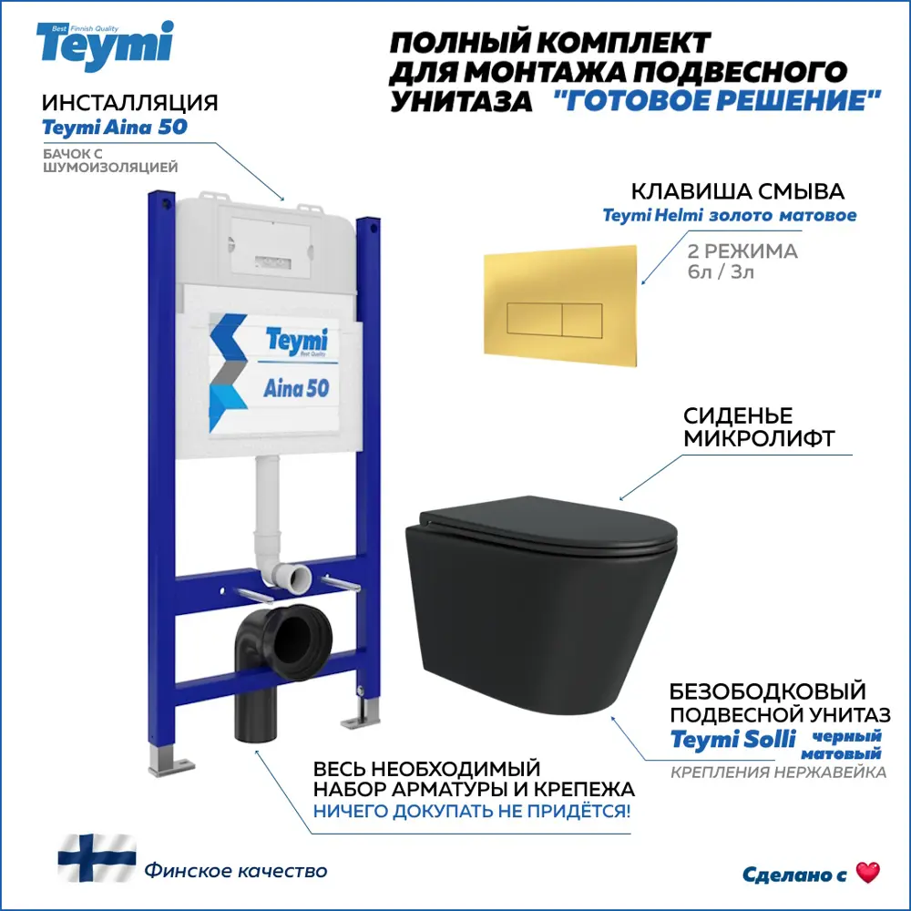 Фото Инсталляция с унитазом комплект 5 в 1 Teymi F16138 унитаз подвесной безободковый черный Solli Black кнопка золото Фото Инсталляция с унитазом комплект 5 в 1 Teymi F16138 унитаз подвесной безободковый черный Solli Black кнопка золото