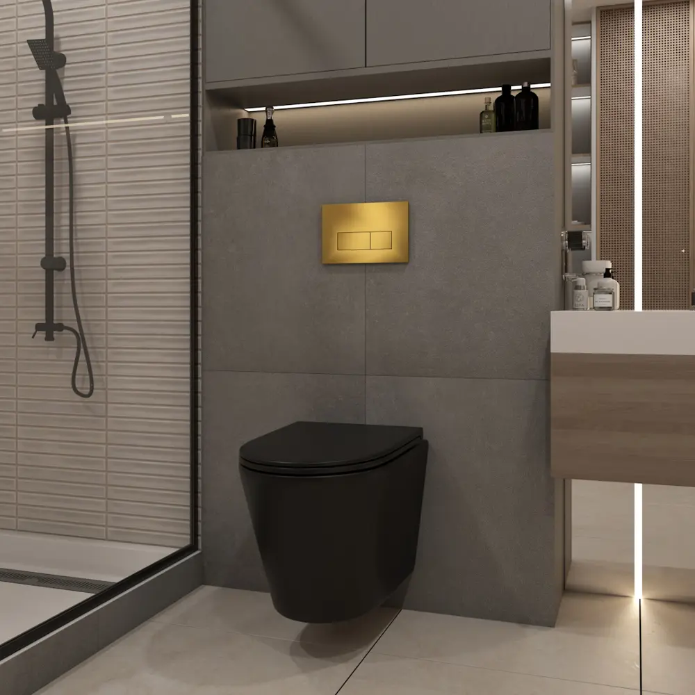 Фото 4 Инсталляция с унитазом комплект 5 в 1 Teymi F16139 унитаз подвесной безободковый черный Solli Black кнопка золото Фото 4 Инсталляция с унитазом комплект 5 в 1 Teymi F16139 унитаз подвесной безободковый черный Solli Black кнопка золото