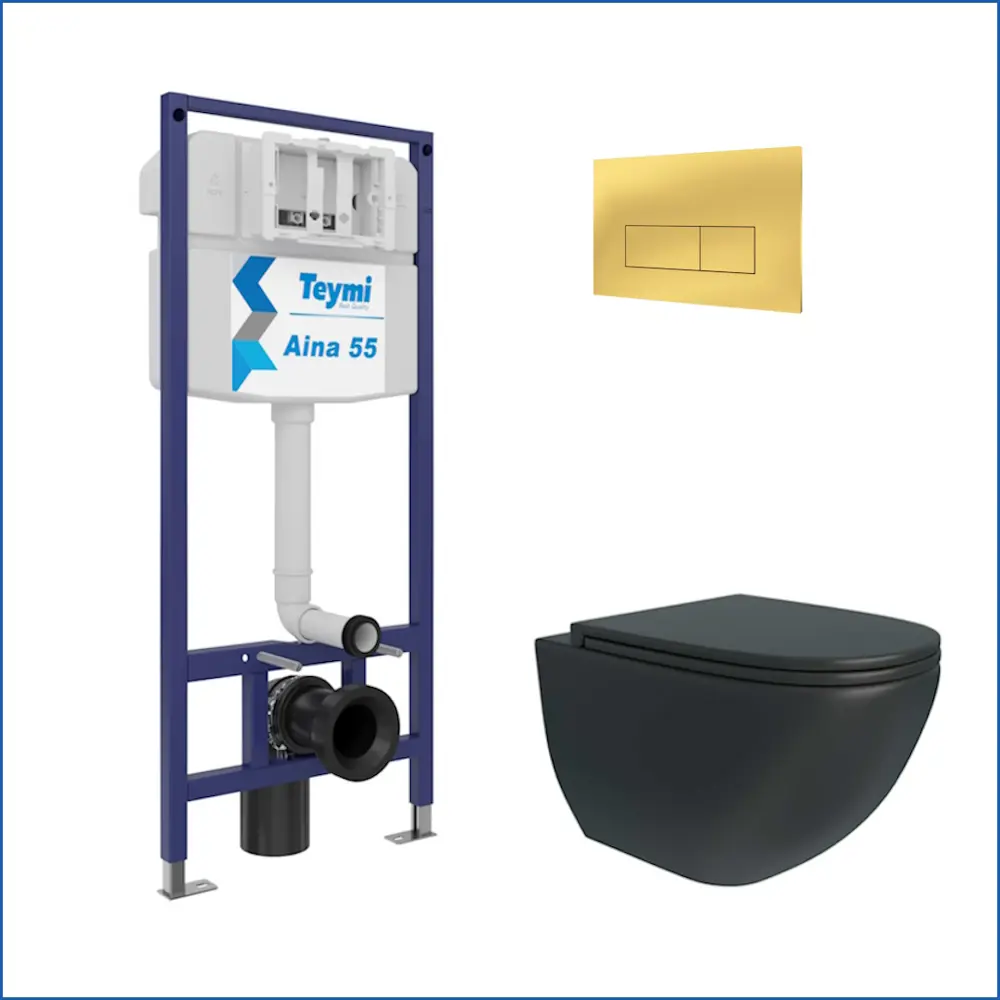 Фото 2 Инсталляция с унитазом комплект 5 в 1 Teymi F16136 унитаз подвесной безободковый черный Lina S Black кнопка золото Фото 2 Инсталляция с унитазом комплект 5 в 1 Teymi F16136 унитаз подвесной безободковый черный Lina S Black кнопка золото