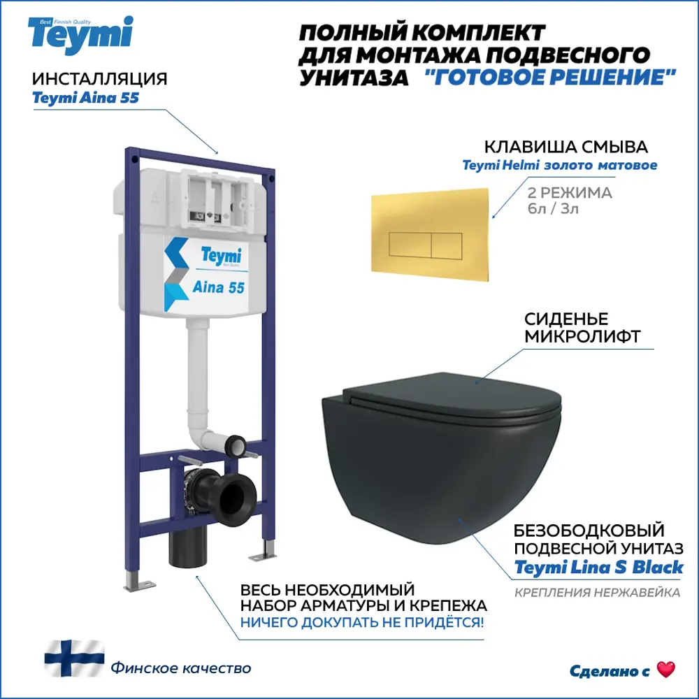 Фото Инсталляция с унитазом комплект 5 в 1 Teymi F16136 унитаз подвесной безободковый черный Lina S Black кнопка золото Фото Инсталляция с унитазом комплект 5 в 1 Teymi F16136 унитаз подвесной безободковый черный Lina S Black кнопка золото