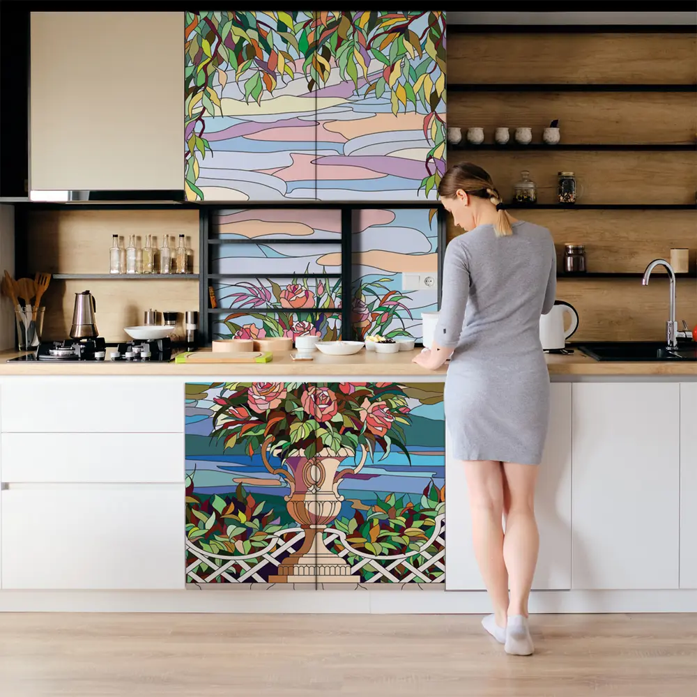 Фото 5 Пленка самоклеящаяся универсальная Wallfix Витраж с букетом 0.95x2.2 м цвет голубой;розовый;зеленый Фото 5 Пленка самоклеящаяся универсальная Wallfix Витраж с букетом 0.95x2.2 м цвет голубой;розовый;зеленый