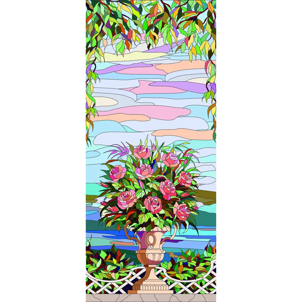 Фото Пленка самоклеящаяся универсальная Wallfix Витраж с букетом 0.95x2.2 м цвет голубой;розовый;зеленый Фото Пленка самоклеящаяся универсальная Wallfix Витраж с букетом 0.95x2.2 м цвет голубой;розовый;зеленый