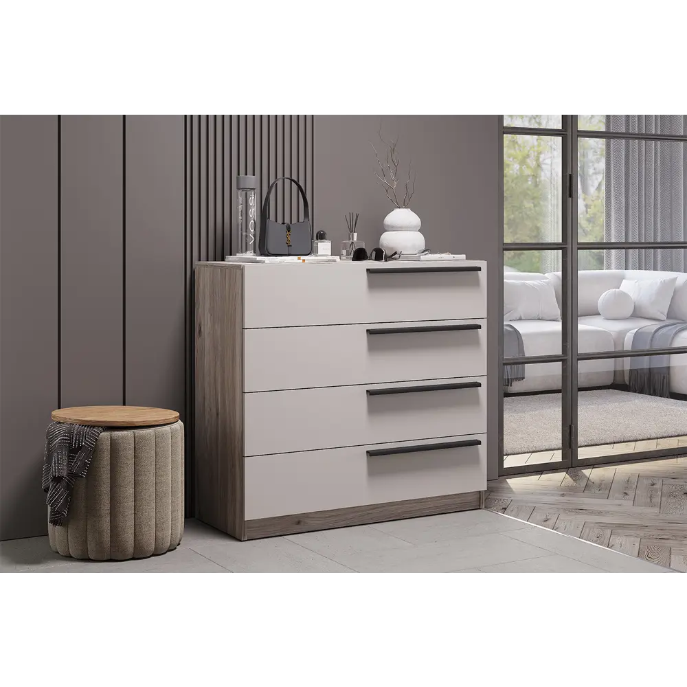 Фото Комод Bts Урбан 4 ящика 90.2х37.2х83.3 см ЛДСП цвет дуб смоки/кашемир Фото Комод Bts Урбан 4 ящика 90.2х37.2х83.3 см ЛДСП цвет дуб смоки/кашемир