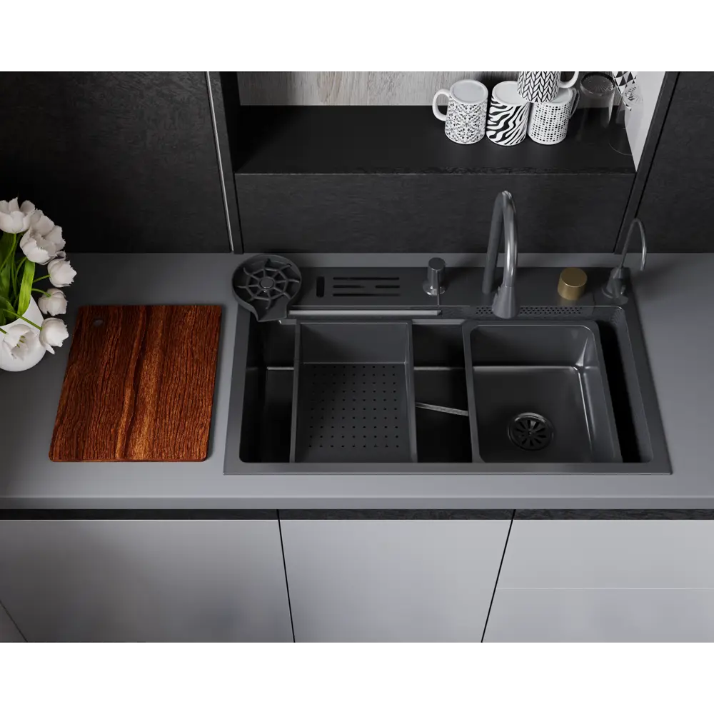 Фото Мойка для кухни D&k 75x46 см глубина чаши 22 см нержавеющая сталь aisi 304 цвет темно-серый Фото Мойка для кухни D&k 75x46 см глубина чаши 22 см нержавеющая сталь aisi 304 цвет темно-серый