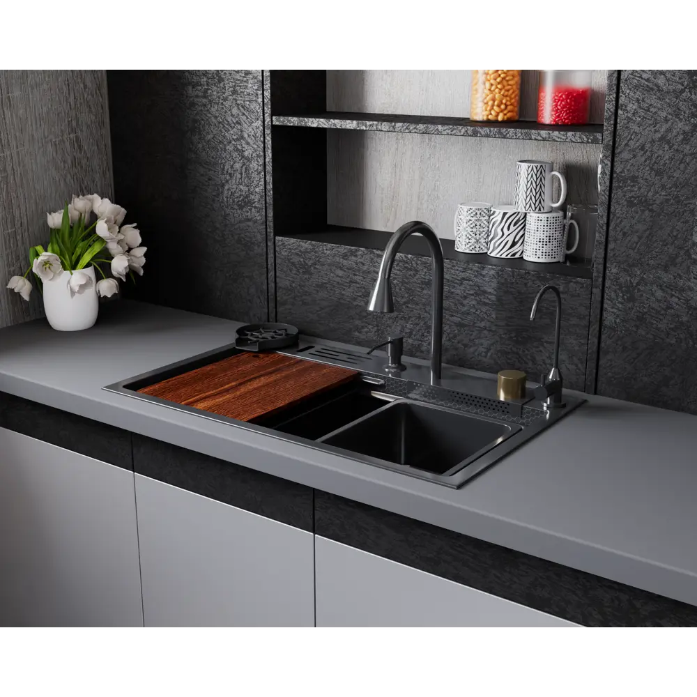 Фото 2 Мойка для кухни D&k 75x46 см глубина чаши 22 см нержавеющая сталь aisi 304 цвет темно-серый Фото 2 Мойка для кухни D&k 75x46 см глубина чаши 22 см нержавеющая сталь aisi 304 цвет темно-серый