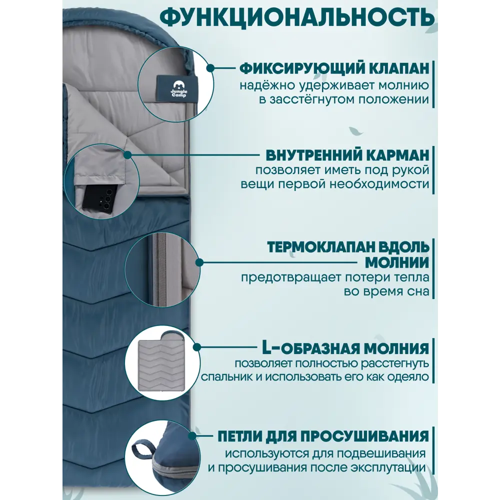 Фото 3 Спальный мешок Jungle Camp Lugano Comfort XL левая молния цвет зеленый Фото 3 Спальный мешок Jungle Camp Lugano Comfort XL левая молния цвет зеленый