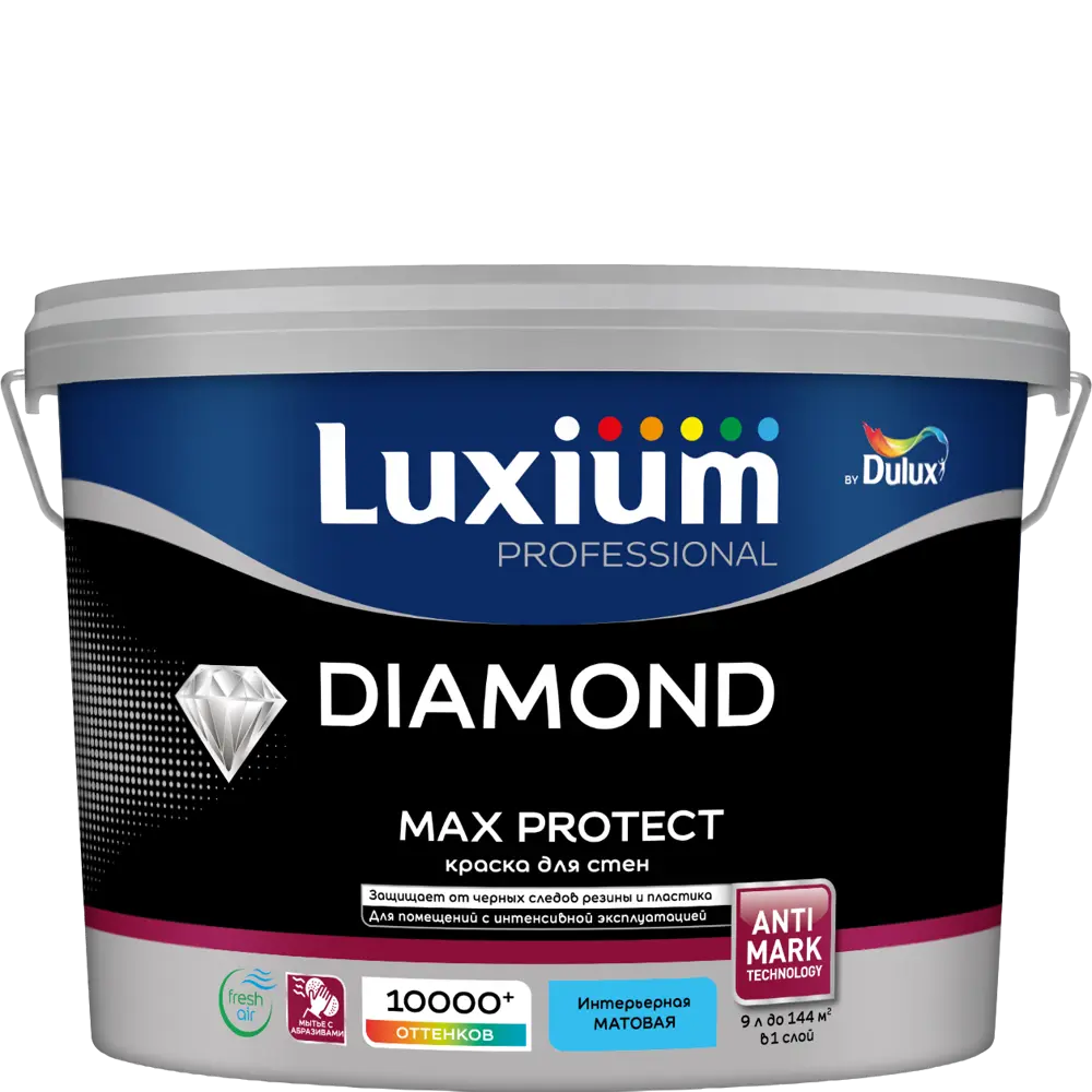 Фото Краска для стен и потолков моющаяся Luxium Diamond Max Protect матовая цвет прозрачный база BC 9 л Фото Краска для стен и потолков моющаяся Luxium Diamond Max Protect матовая цвет прозрачный база BC 9 л