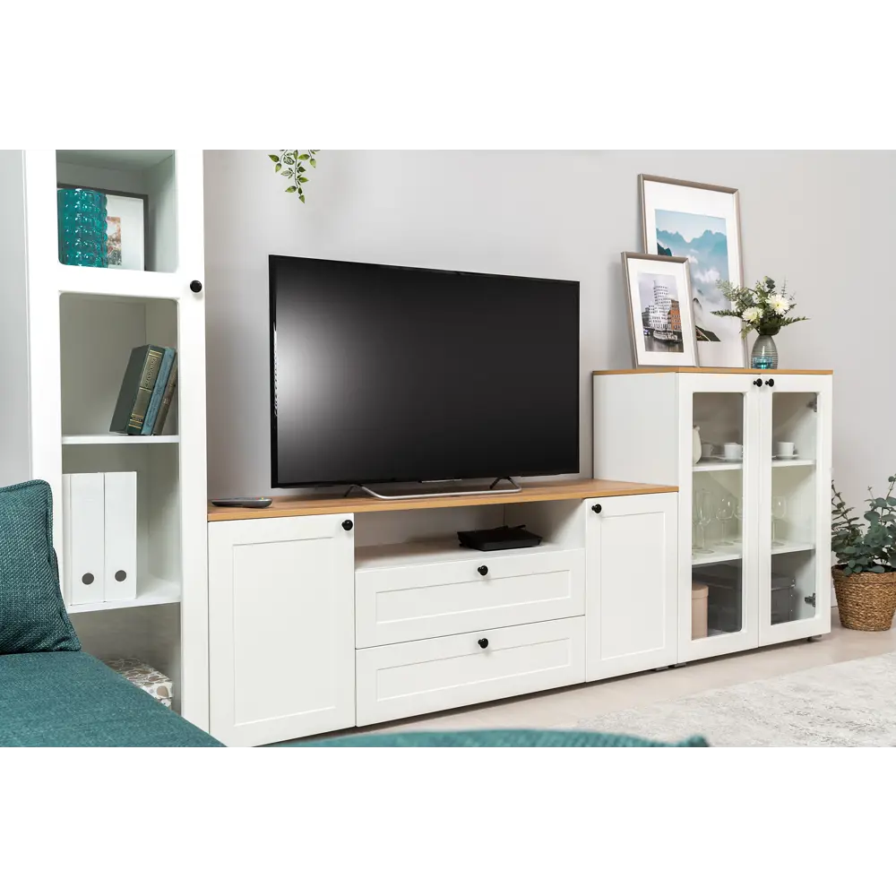 Фото 11 Тумба под телевизор Mobi Остин 16.47 160x61x42 см 2 ящика ЛДСП цвет белый шагрень/дуб крафт золотой