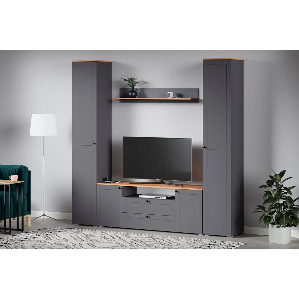 Фото 7 Тумба под телевизор Mobi Остин 16.47 160x61x42 см 2 ящика ЛДСП цвет серый графит/дуб крафт золотой Фото 7 Тумба под телевизор Mobi Остин 16.47 160x61x42 см 2 ящика ЛДСП цвет серый графит/дуб крафт золотой