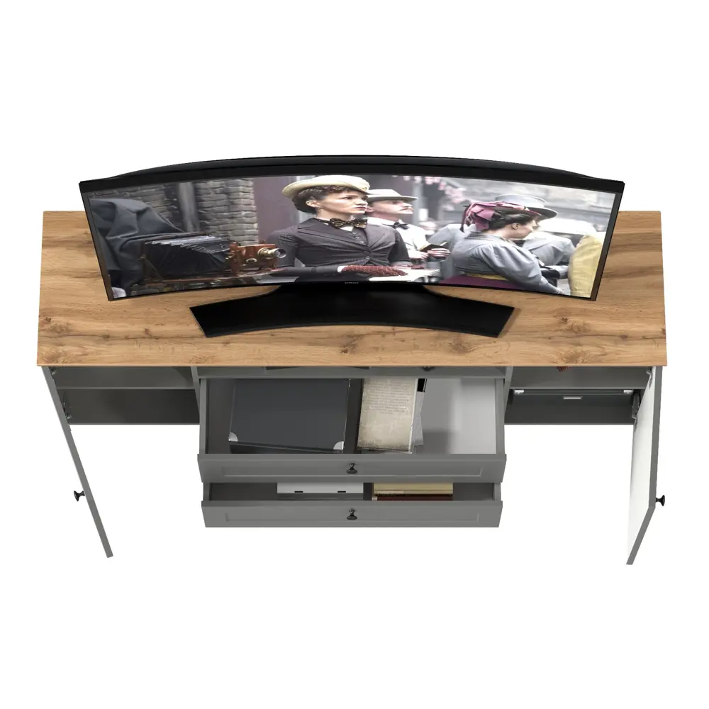 Фото 4 Тумба под телевизор Mobi Остин 16.47 160x61x42 см 2 ящика ЛДСП цвет серый графит/дуб крафт золотой