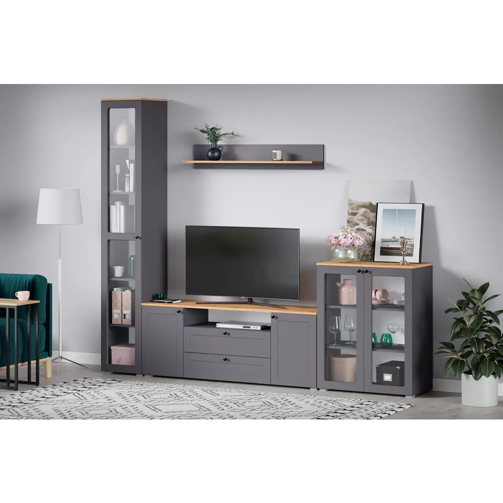 Фото 6 Тумба под телевизор Mobi Остин 16.47 160x61x42 см 2 ящика ЛДСП цвет серый графит/дуб крафт золотой Фото 6 Тумба под телевизор Mobi Остин 16.47 160x61x42 см 2 ящика ЛДСП цвет серый графит/дуб крафт золотой