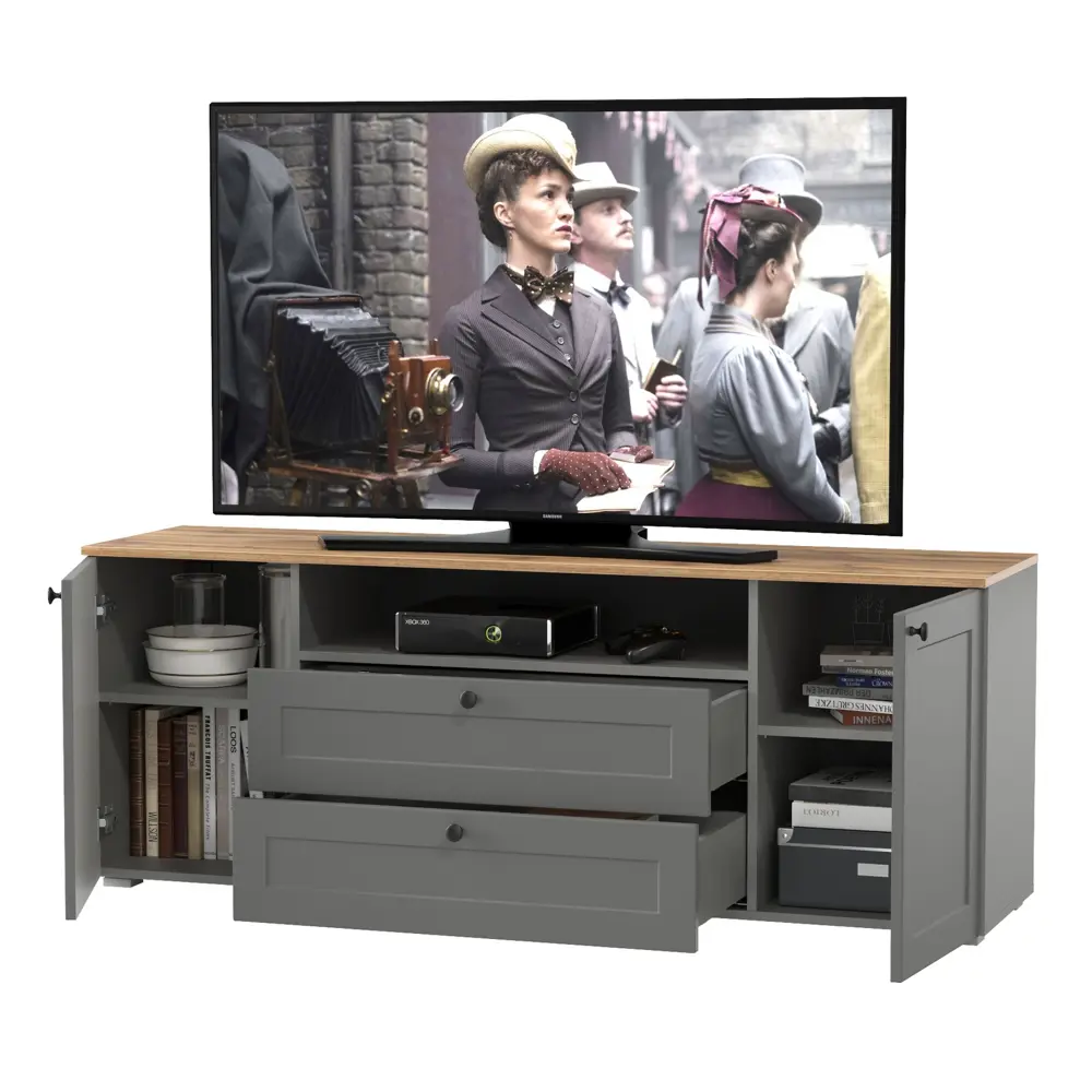 Фото 2 Тумба под телевизор Mobi Остин 16.47 160x61x42 см 2 ящика ЛДСП цвет серый графит/дуб крафт золотой Фото 2 Тумба под телевизор Mobi Остин 16.47 160x61x42 см 2 ящика ЛДСП цвет серый графит/дуб крафт золотой