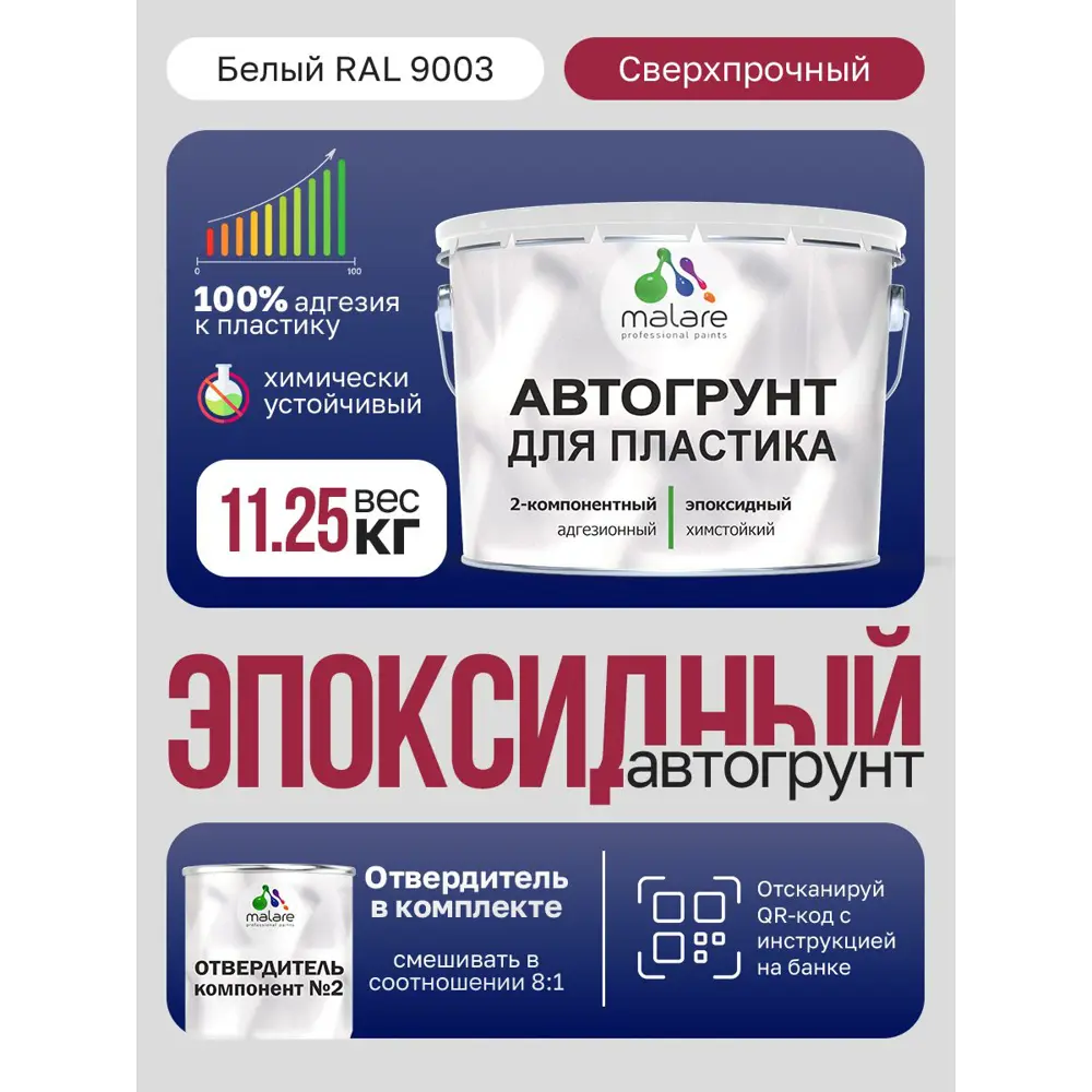 Фото Грунтовка для пластика автомобиля эпоксидная двухкомпонентная Malare Titan адгезионная химстойкая цвет белый RAL 9003 10 кг и 1 кг отвердитель Фото Грунтовка для пластика автомобиля эпоксидная двухкомпонентная Malare Titan адгезионная химстойкая цвет белый RAL 9003 10 кг и 1 кг отвердитель