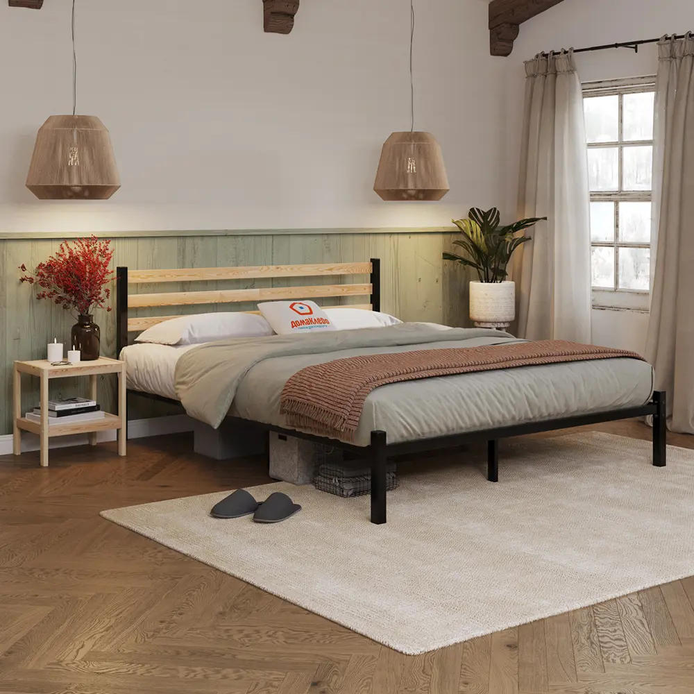 Фото 3 Кровать Домаклево st-180-ch-w-natur 180 x 85 x 206 см металл цвет черный, натуральное дерево Фото 3 Кровать Домаклево st-180-ch-w-natur 180 x 85 x 206 см металл цвет черный, натуральное дерево