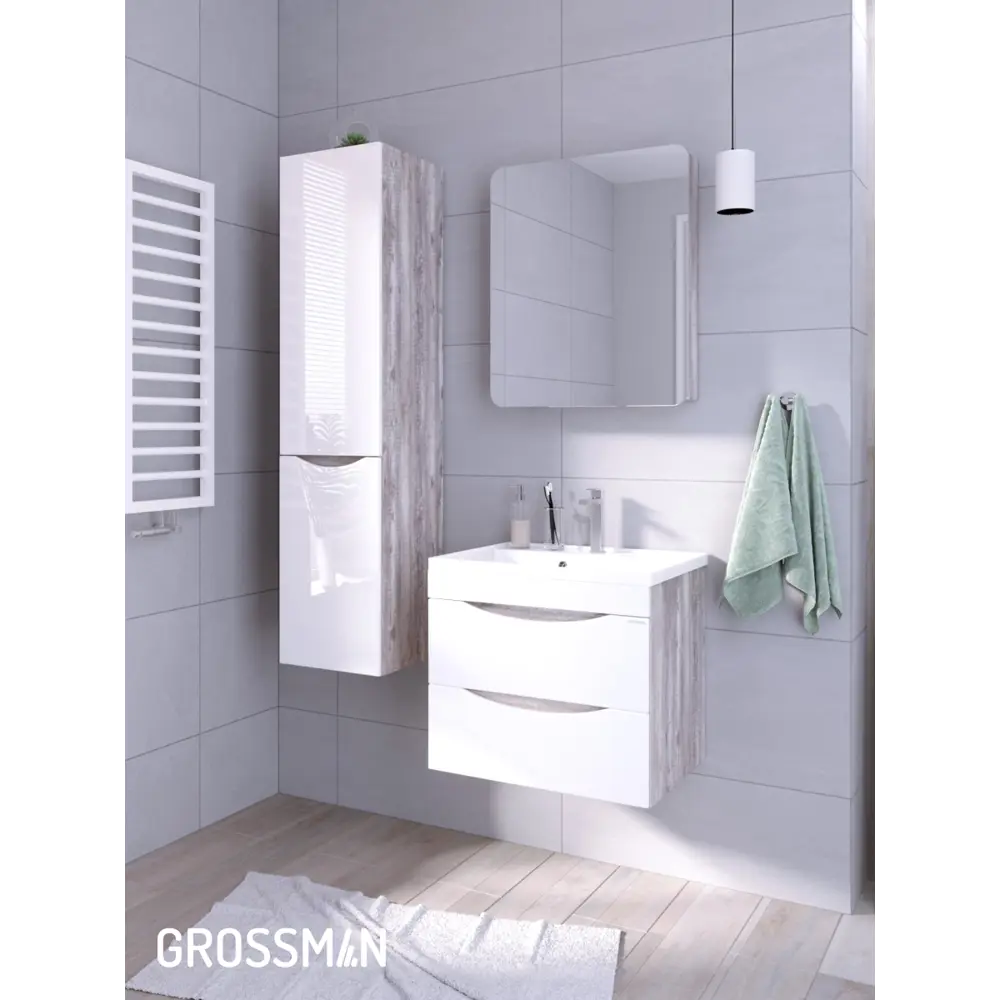 Фото 9 Комплект мебели для ванной Gossman Талис 60 тумба с раковиной и пенал подвесная цвет белый Фото 9 Комплект мебели для ванной Gossman Талис 60 тумба с раковиной и пенал подвесная цвет белый