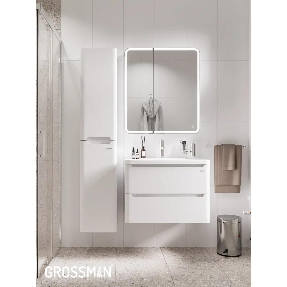 Фото 9 Комплект мебели для ванной Gossman Адель 70 тумба с раковиной и пенал подвесная цвет белый Фото 9 Комплект мебели для ванной Gossman Адель 70 тумба с раковиной и пенал подвесная цвет белый