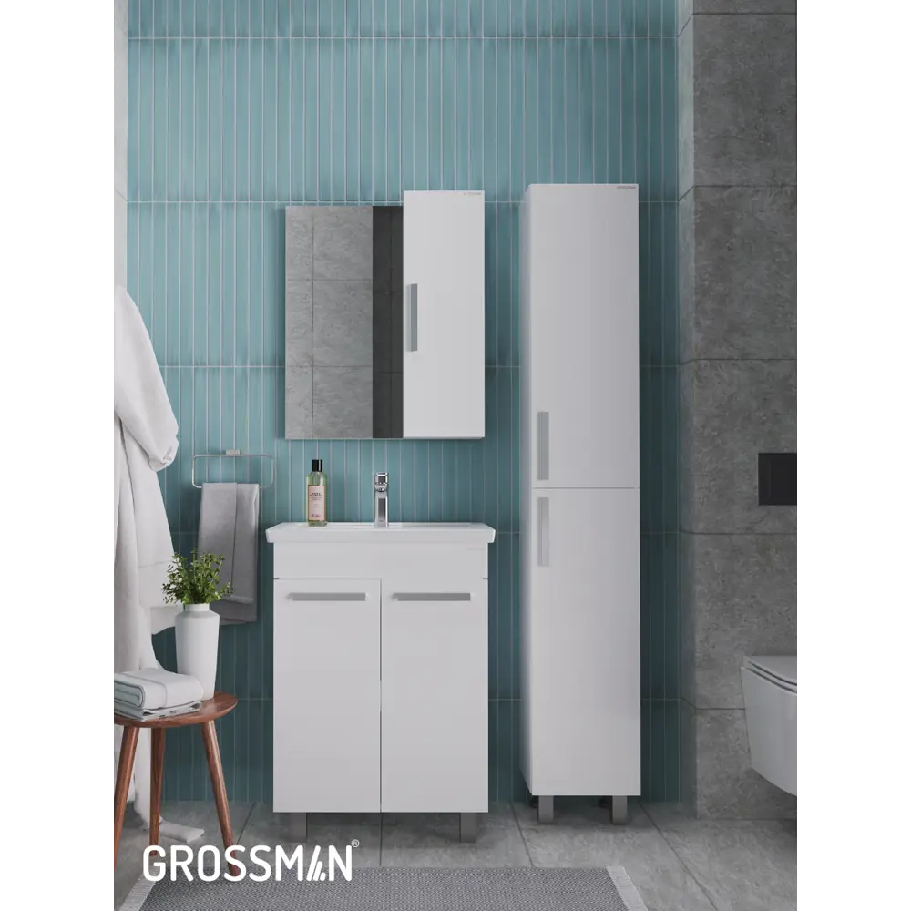 Фото 9 Комплект мебели для ванной Gossman Нео 60 подвесная тумба с раковиной зеркало и пеналом цвет белый Фото 9 Комплект мебели для ванной Gossman Нео 60 подвесная тумба с раковиной зеркало и пеналом цвет белый