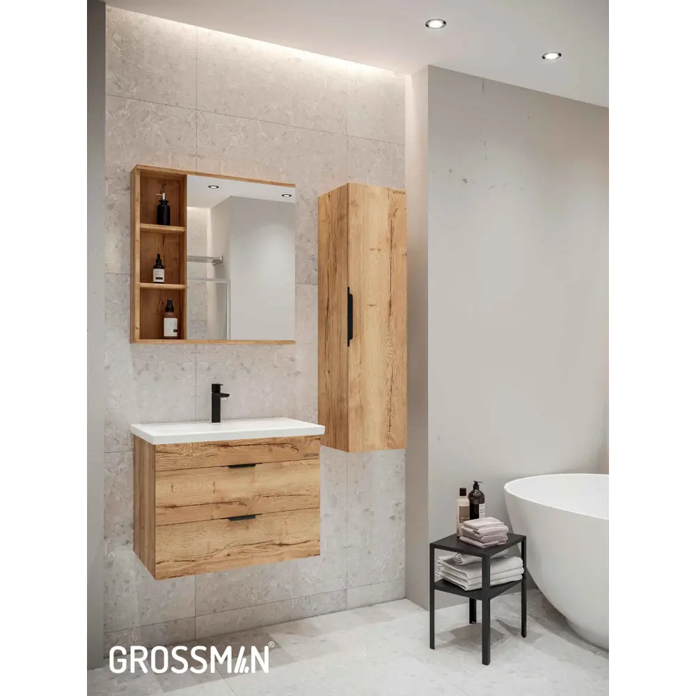 Фото 9 Комплект мебели для ванной Gossman Форта 70 тумба с раковиной и пенал подвесная цвет Дуб галифакс Фото 9 Комплект мебели для ванной Gossman Форта 70 тумба с раковиной и пенал подвесная цвет Дуб галифакс