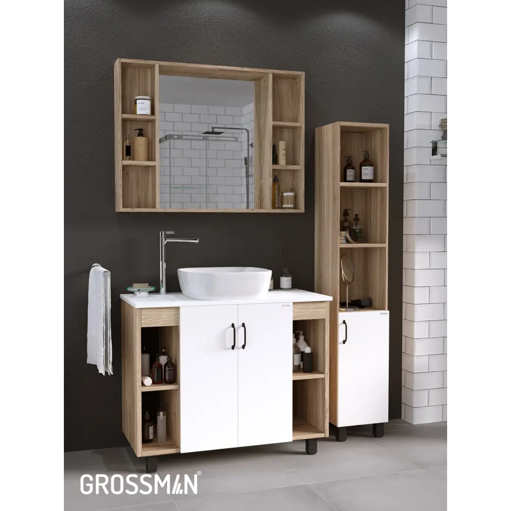 Фото 10 Комплект мебели для ванной Gossman Флай 100 тумба со столешницей раковиной и зеркалом напольная цвет дуб соном/белый Фото 10 Комплект мебели для ванной Gossman Флай 100 тумба со столешницей раковиной и зеркалом напольная цвет дуб соном/белый