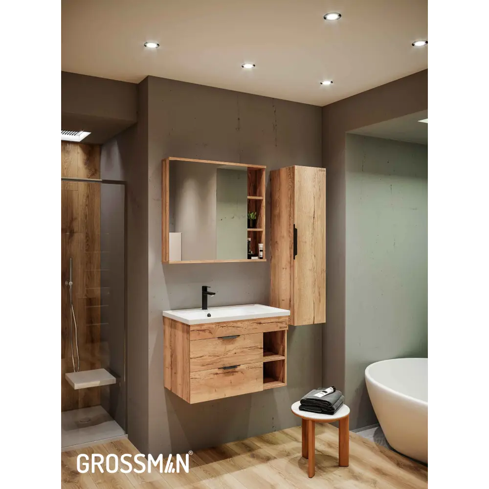 Фото 9 Комплект мебели для ванной Gossman Форта 80 тумба с раковиной и зеркалом подвесная цвет Дуб галифакс Фото 9 Комплект мебели для ванной Gossman Форта 80 тумба с раковиной и зеркалом подвесная цвет Дуб галифакс