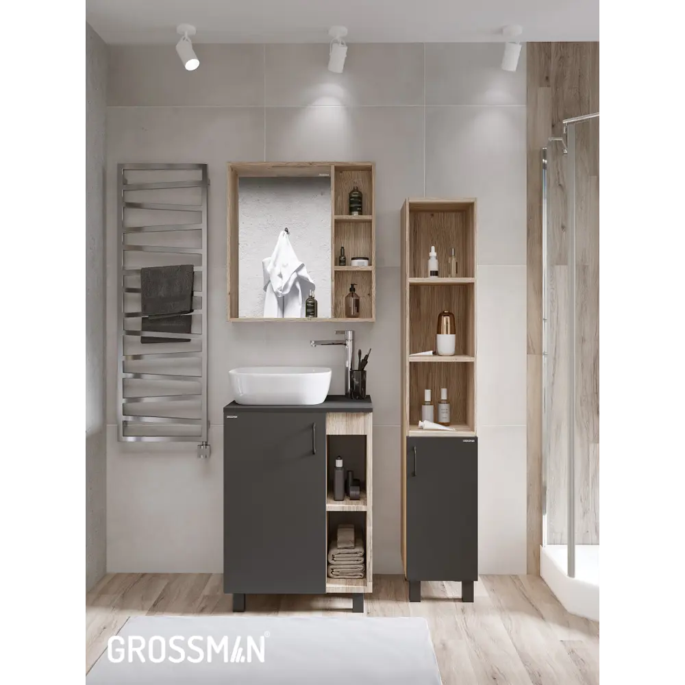 Фото 10 Комплект мебели для ванной Gossman Флай 60 тумба со столешницей раковиной и пенал напольная цвет дуб соном/серый Фото 10 Комплект мебели для ванной Gossman Флай 60 тумба со столешницей раковиной и пенал напольная цвет дуб соном/серый