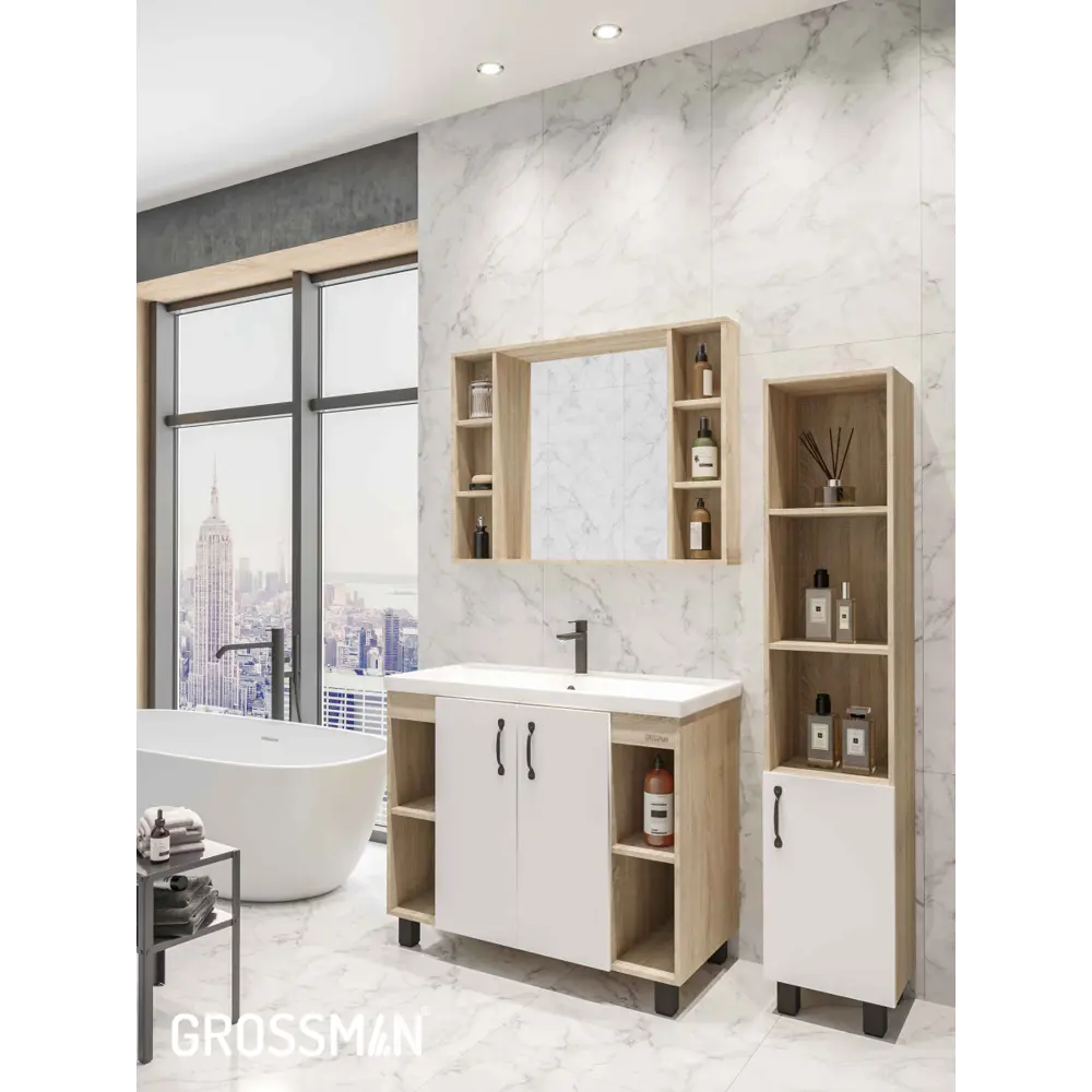 Фото 9 Комплект мебели для ванной Gossman Флай 100 тумба с раковиной и зеркалом напольная цвет дуб соном/белый Фото 9 Комплект мебели для ванной Gossman Флай 100 тумба с раковиной и зеркалом напольная цвет дуб соном/белый