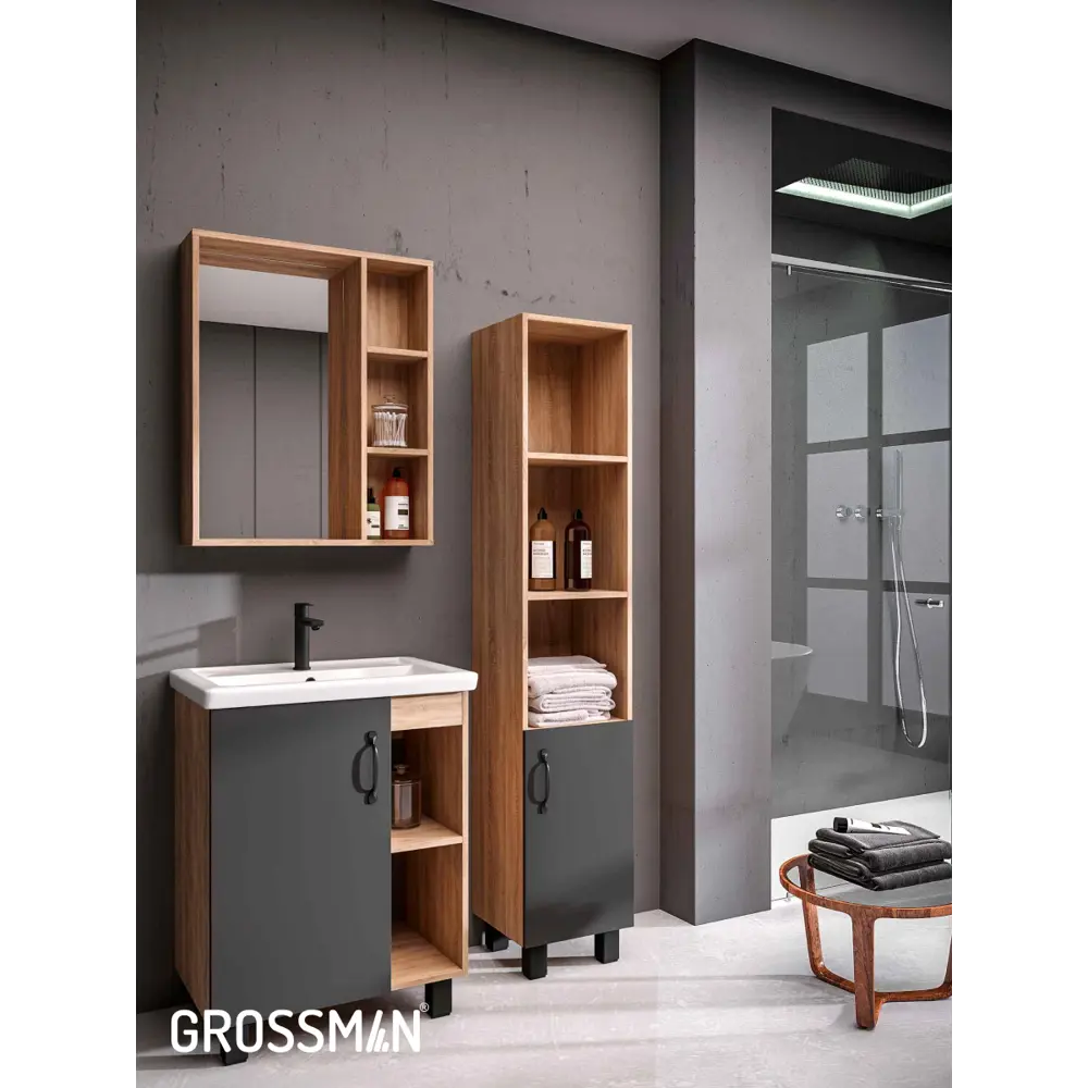 Фото 11 Комплект мебели для ванной Gossman Флай 60 тумба с раковиной зеркало и пенал напольная цвет дуб соном/серый Фото 11 Комплект мебели для ванной Gossman Флай 60 тумба с раковиной зеркало и пенал напольная цвет дуб соном/серый