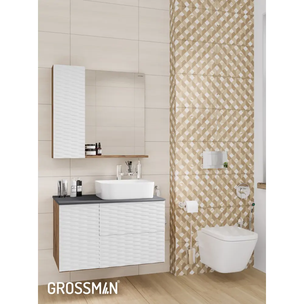 Фото 11 Комплект мебели для ванной Gossman Альба 80 тумба с раковиной зеркало и пенал подвесная цвет веллингтон/белый Фото 11 Комплект мебели для ванной Gossman Альба 80 тумба с раковиной зеркало и пенал подвесная цвет веллингтон/белый