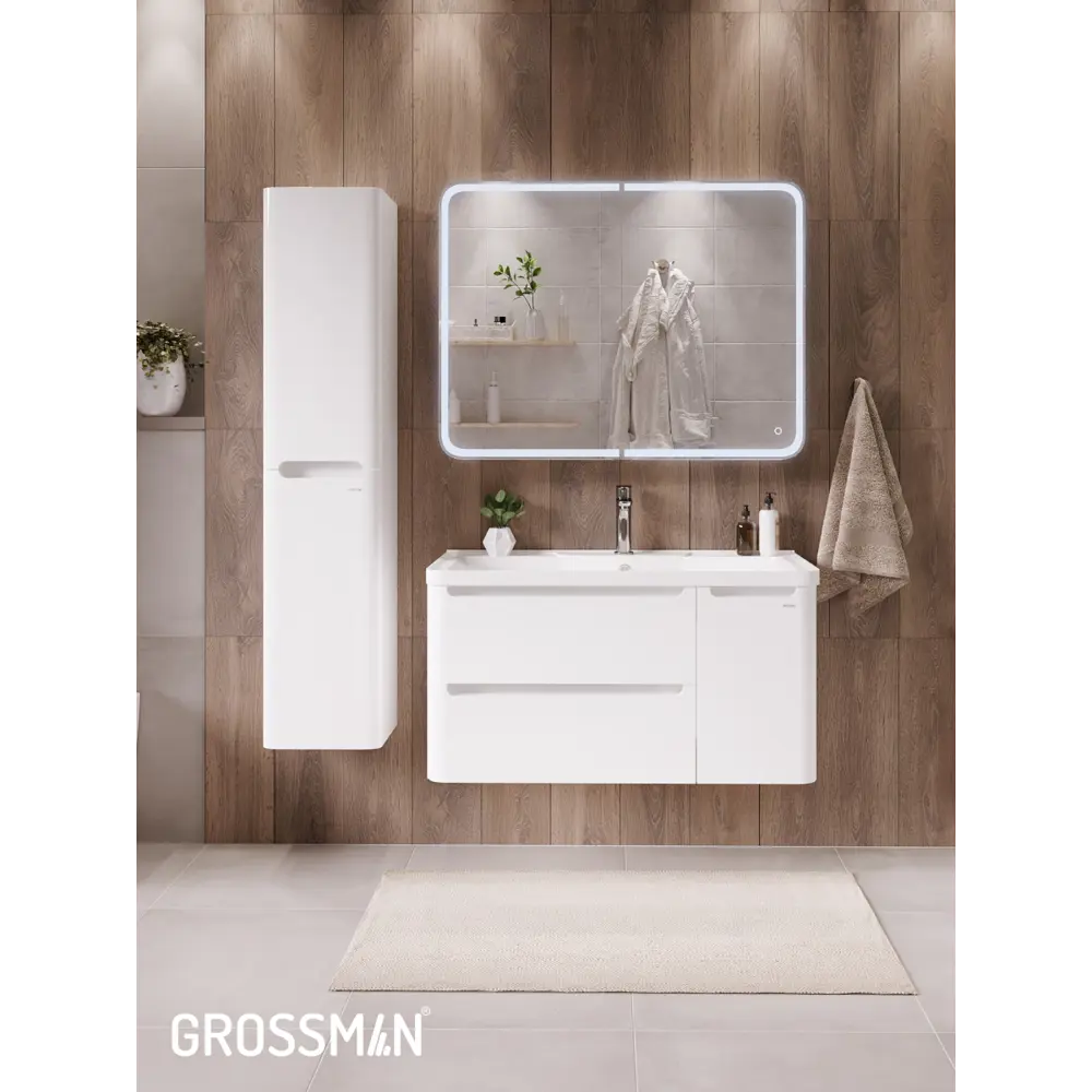 Фото 9 Комплект мебели для ванной Gossman Адель 100 тумба с раковиной и зеркалом подвесная цвет белый Фото 9 Комплект мебели для ванной Gossman Адель 100 тумба с раковиной и зеркалом подвесная цвет белый