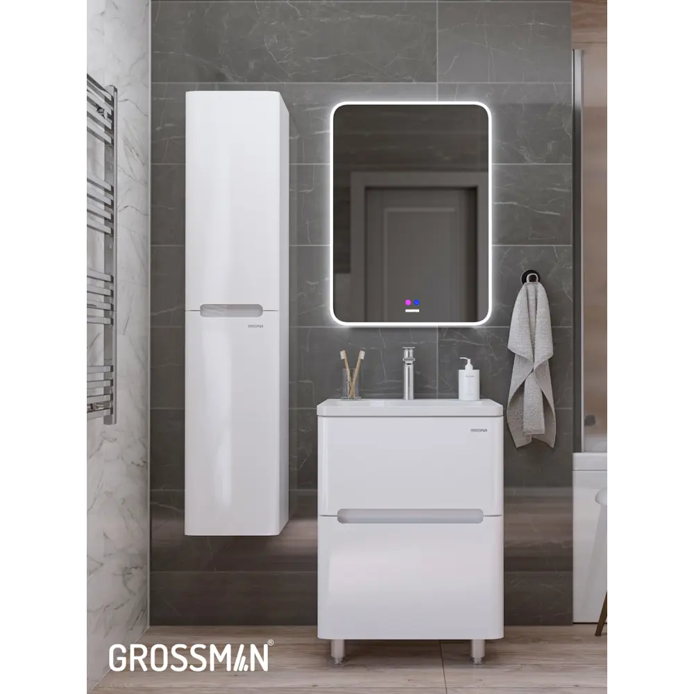 Фото 11 Комплект мебели для ванной Gossman Адель-норма 60 тумба с раковиной и пенал напольная цвет белый