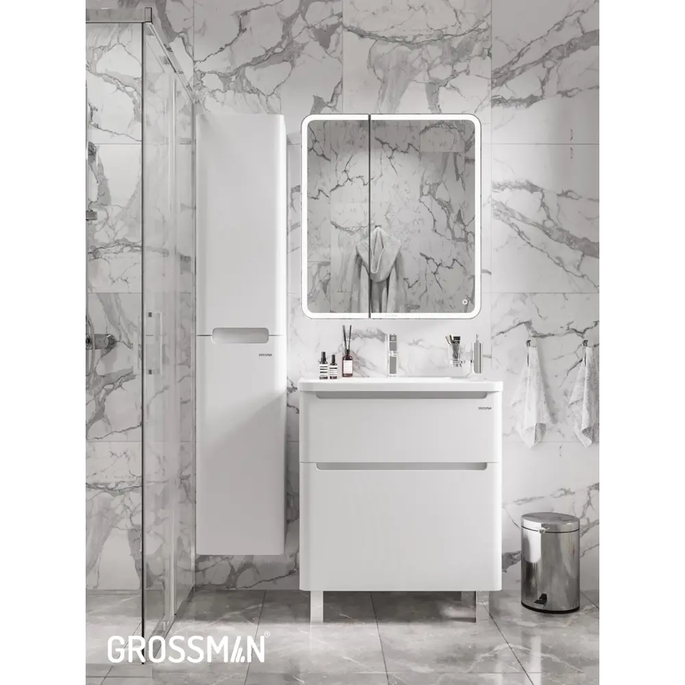 Фото 11 Комплект мебели для ванной Gossman Адель 70 тумба напольная с раковиной зеркало и пенал цвет белый Фото 11 Комплект мебели для ванной Gossman Адель 70 тумба напольная с раковиной зеркало и пенал цвет белый