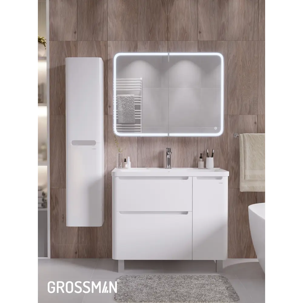 Фото 9 Комплект мебели для ванной Gossman Адель 100 тумба напольная с раковиной и зеркало цвет белый