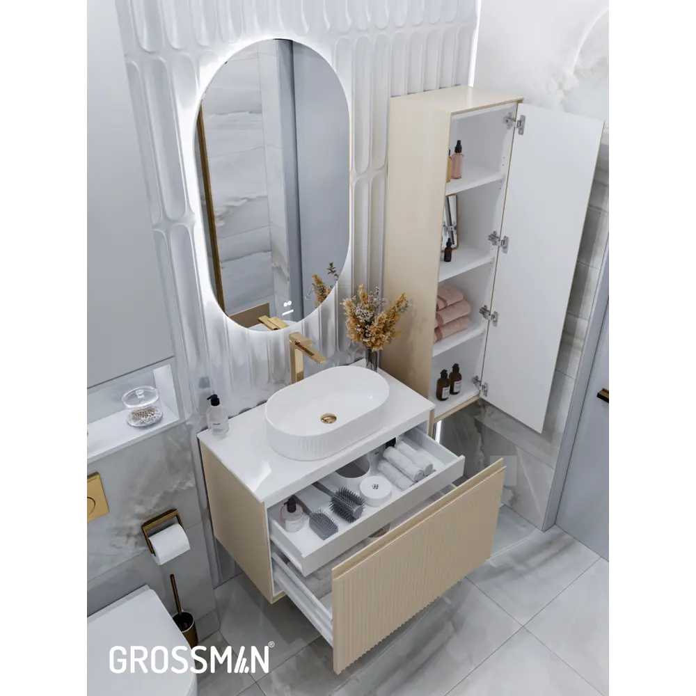 Фото 11 Комплект мебели для ванной Gossman Кристал 80 тумба с раковиной зеркало и пенал подвесная цвет бежевый Фото 11 Комплект мебели для ванной Gossman Кристал 80 тумба с раковиной зеркало и пенал подвесная цвет бежевый
