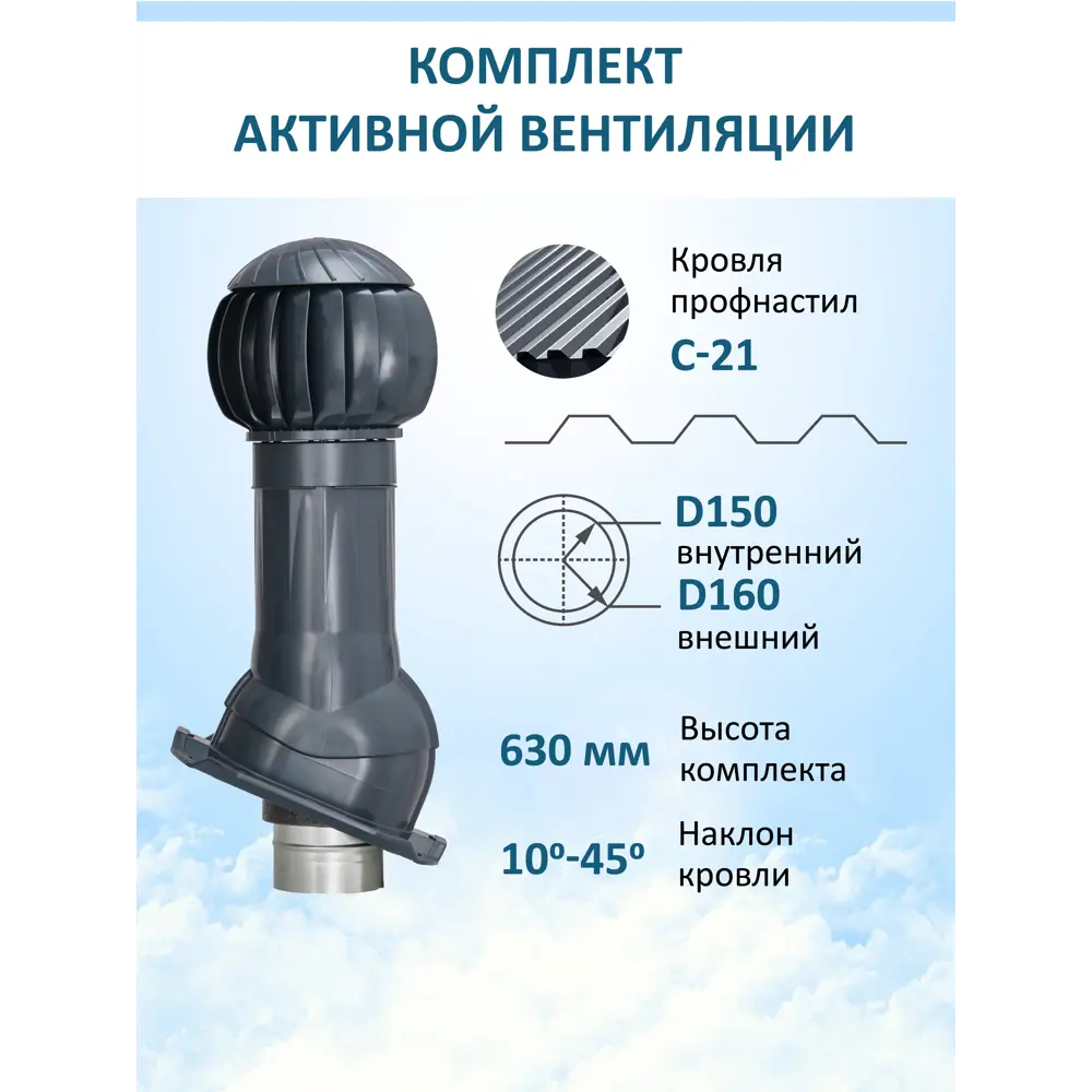 Фото Комплект вентиляции с нанодефлектором Gervent для профнастила PROF-21 ⌀150/160мм RAL 7024 Фото Комплект вентиляции с нанодефлектором Gervent для профнастила PROF-21 ⌀150/160мм RAL 7024