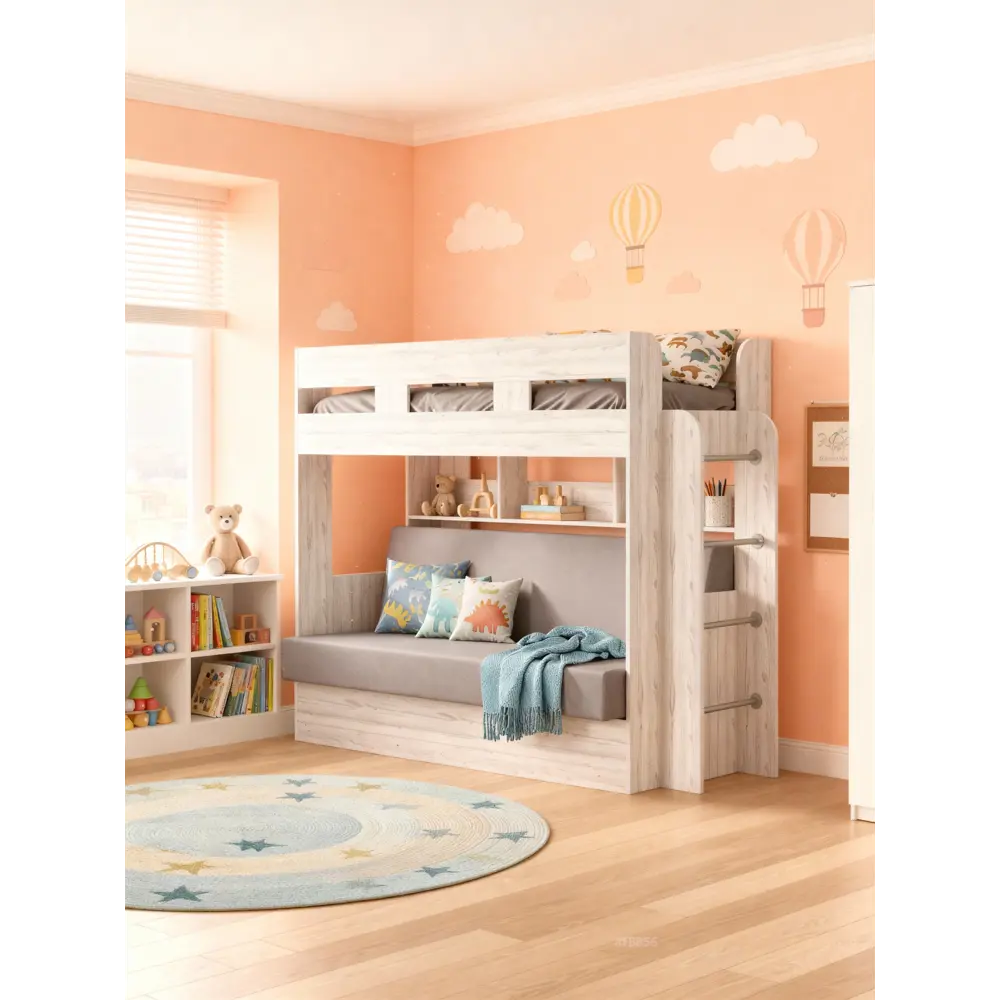 Фото 8 Кровать двухъярусная Дива 120x190 см подъемный механизм цвет дуб крафт белый/серый Фото 8 Кровать двухъярусная Дива 120x190 см подъемный механизм цвет дуб крафт белый/серый